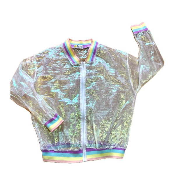 Miss J Other - Miss J Kids Bomber Jacket, Iridescent, Rainbow, See-Through Zip Up Medium